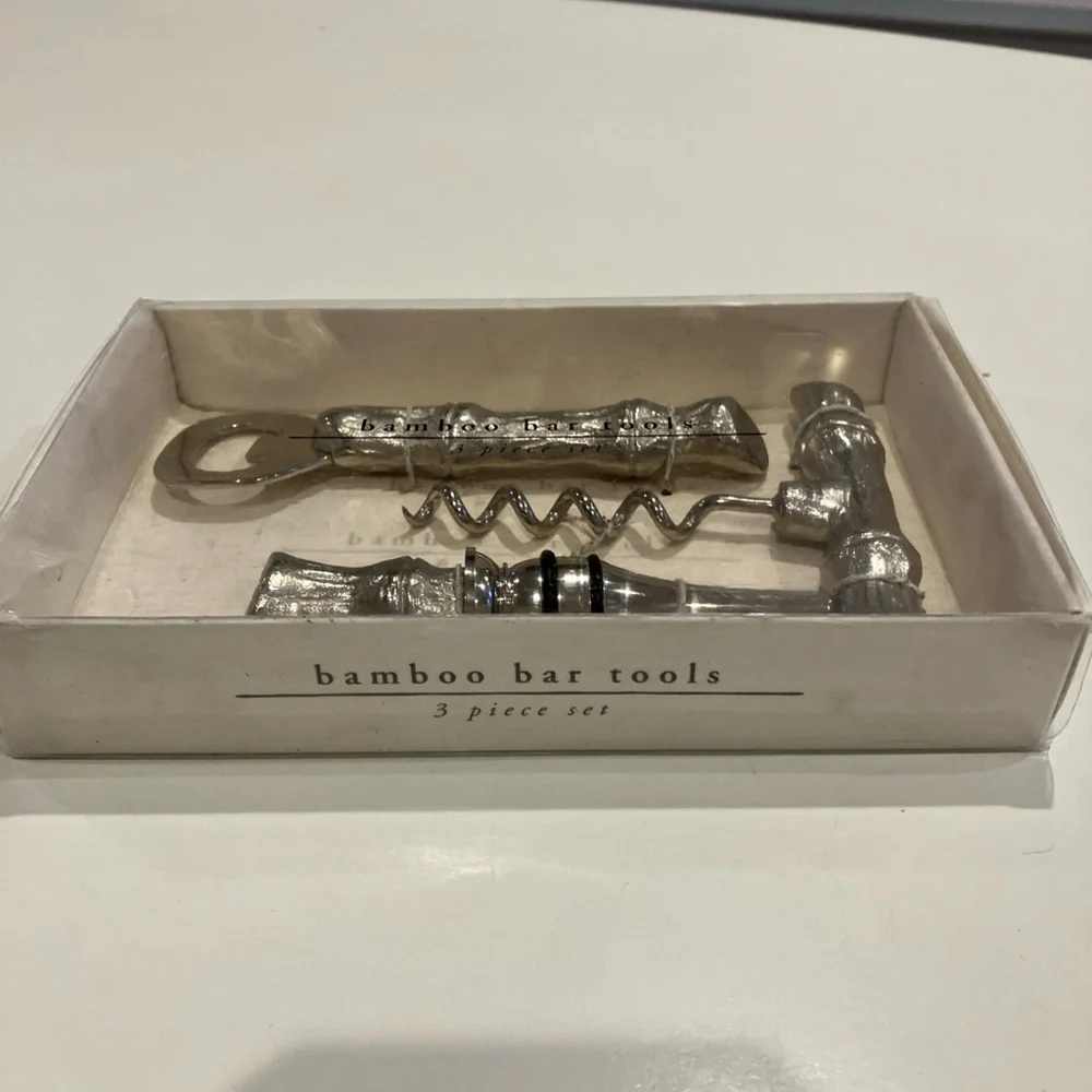 Pier 1 Imports Metal Bamboo Bar Tools Set Corkscrew, Bottle Opener &WineStopper